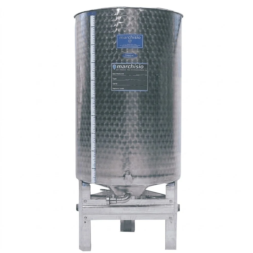 Tanque de aço inoxidável de 300 litros com fundo curvo e pedestal