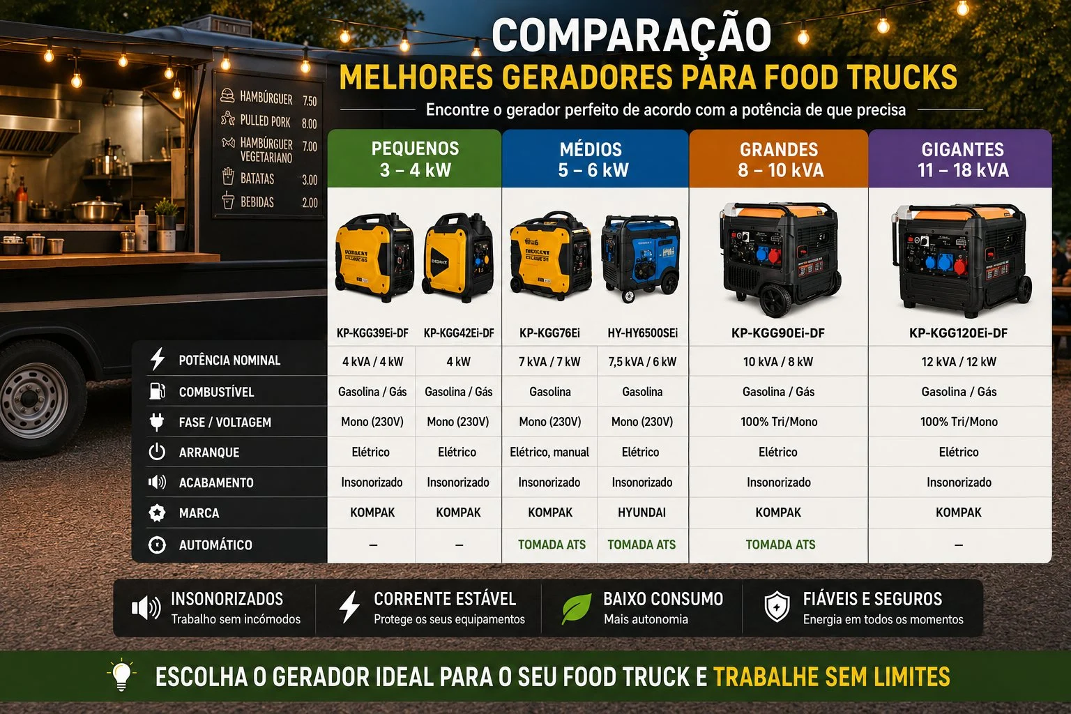 Comparação dos melhores geradores para food trucks de acordo com potência e uso