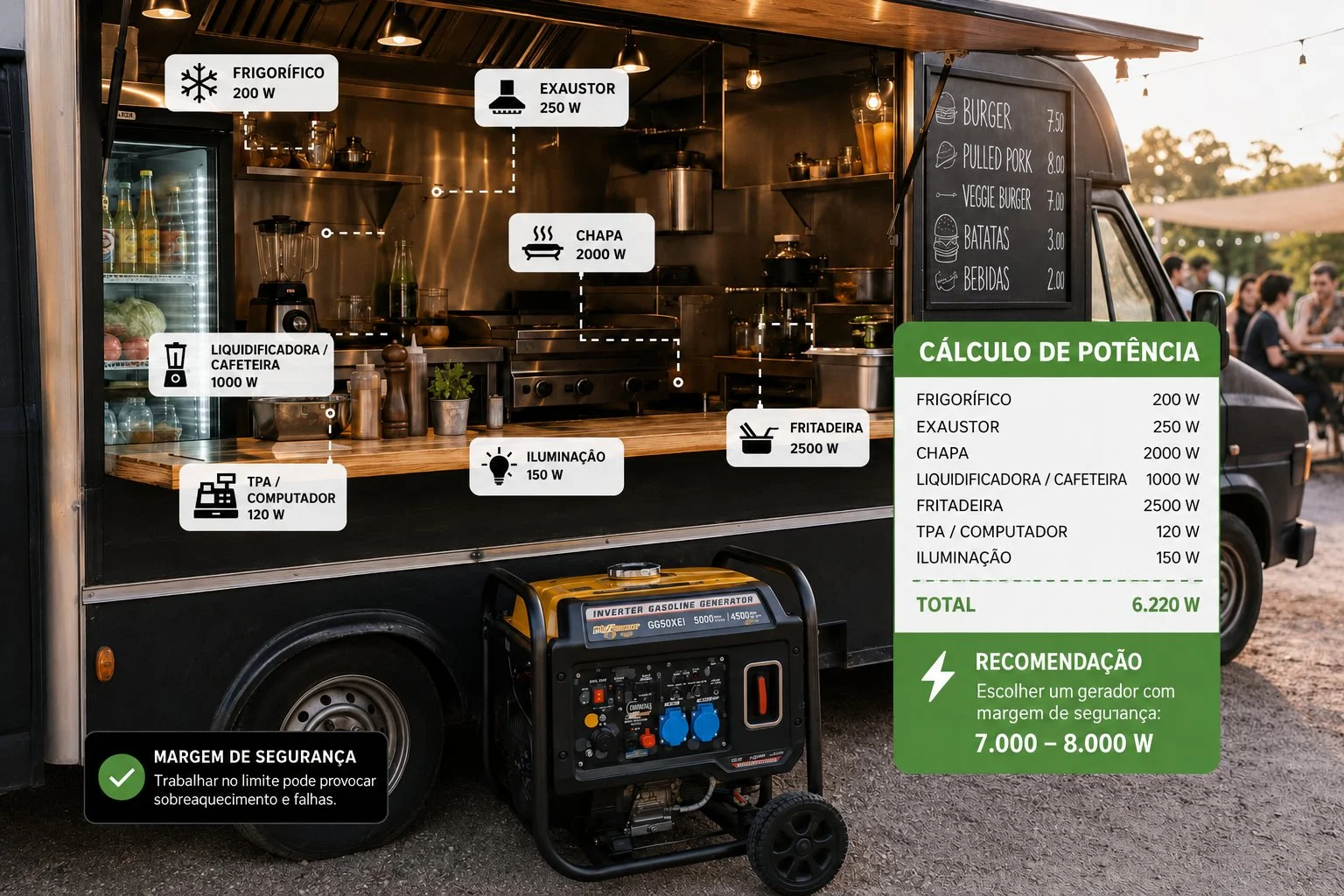 Como calcular a potência necessária de um gerador elétrico para food truck