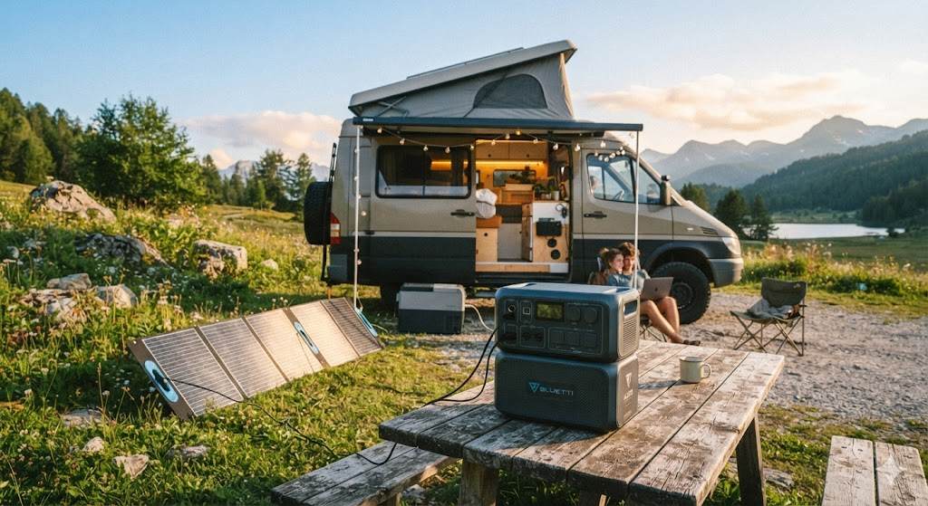 Geradores solares portáteis para carrinha camper e sistemas de energia de lítio num acampamento vanlife off-grid