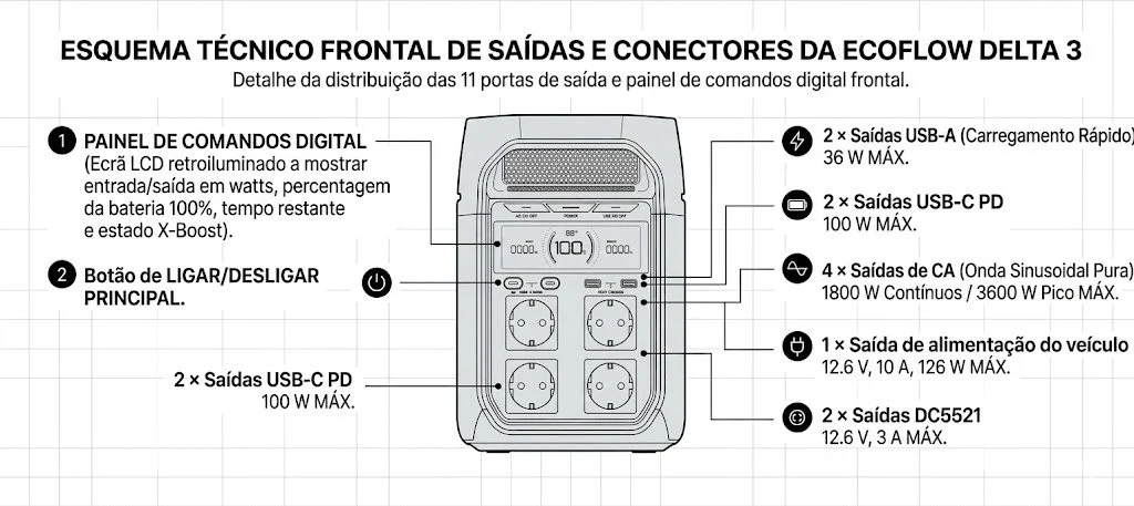 Esquema técnico frontal de saídas e conectores da EcoFlow DELTA 3