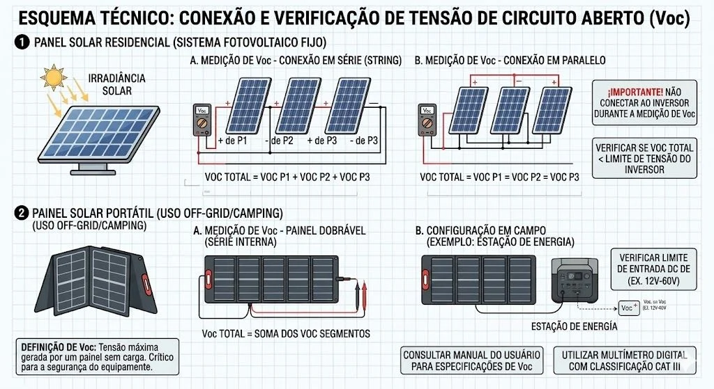 Esquema técnico de ligação de painéis solares e compatibilidade de tensão Voc em estações de energia portáteis EcoFlow e Bluetti