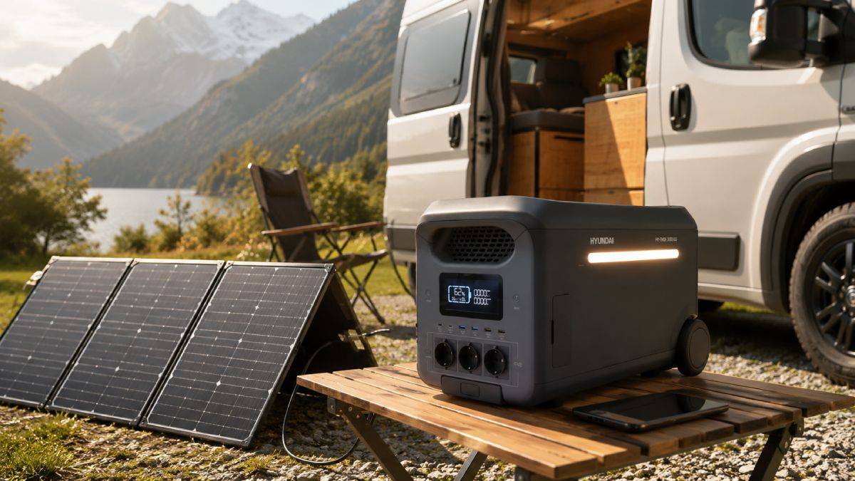 Estação de energia portátil ligada a painéis solares numa autocaravana