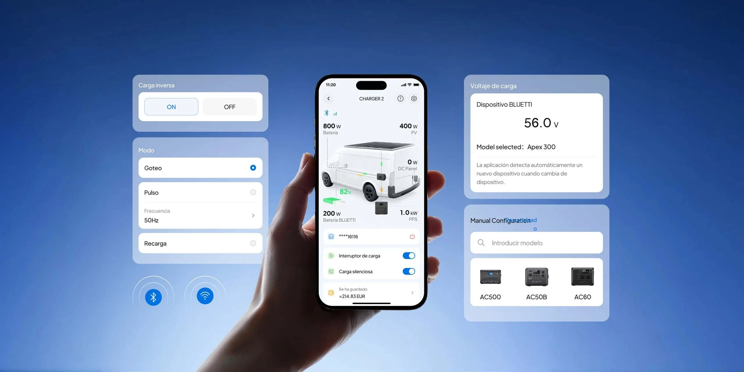 Gestão remota do BLUETTI Charger 2 através da app por Bluetooth e Wi-Fi