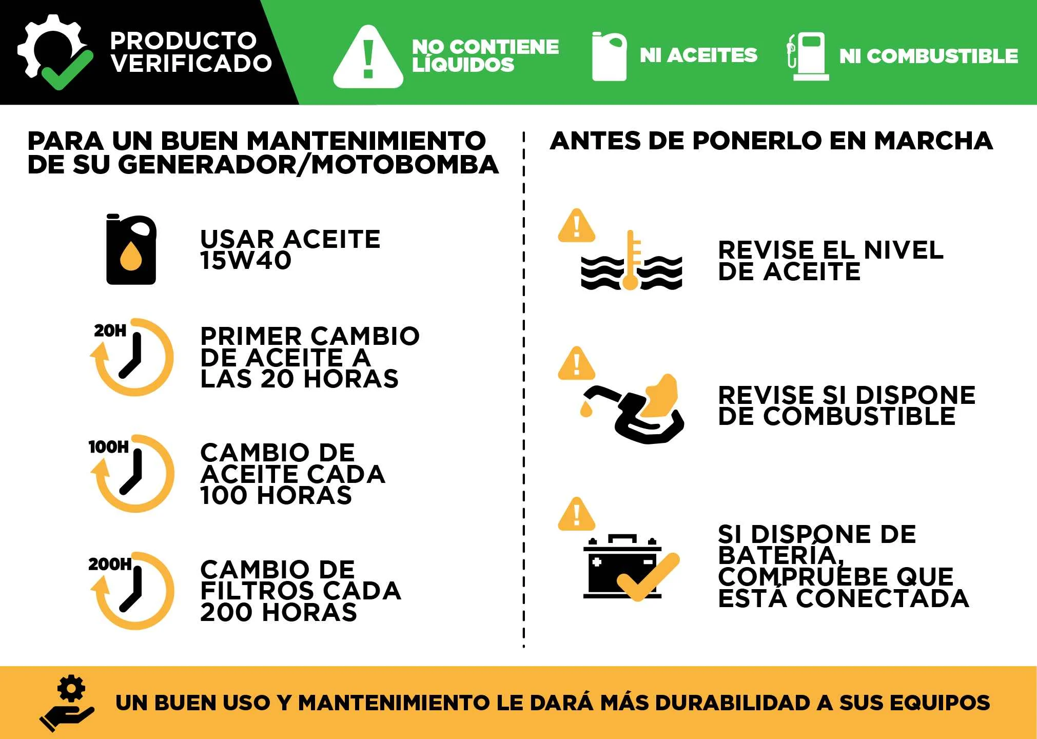 Guia de manutenção do gerador: óleo 15W40, primeira mudança às 20 horas, mudança de óleo a cada 100 horas e de filtros a cada 200 horas