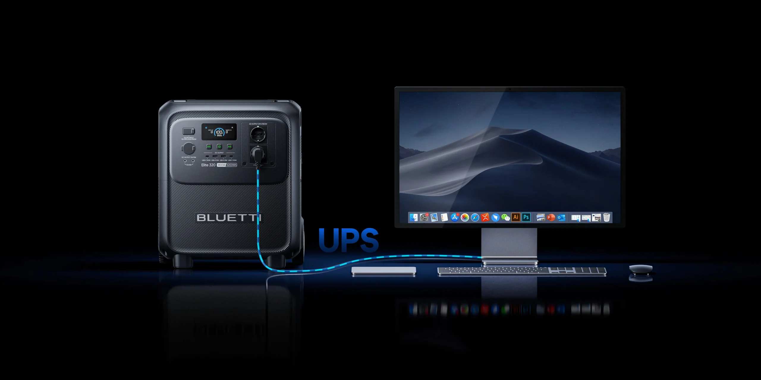 Função UPS da estação de energia portátil BLUETTI Elite 320 a proteger um computador
