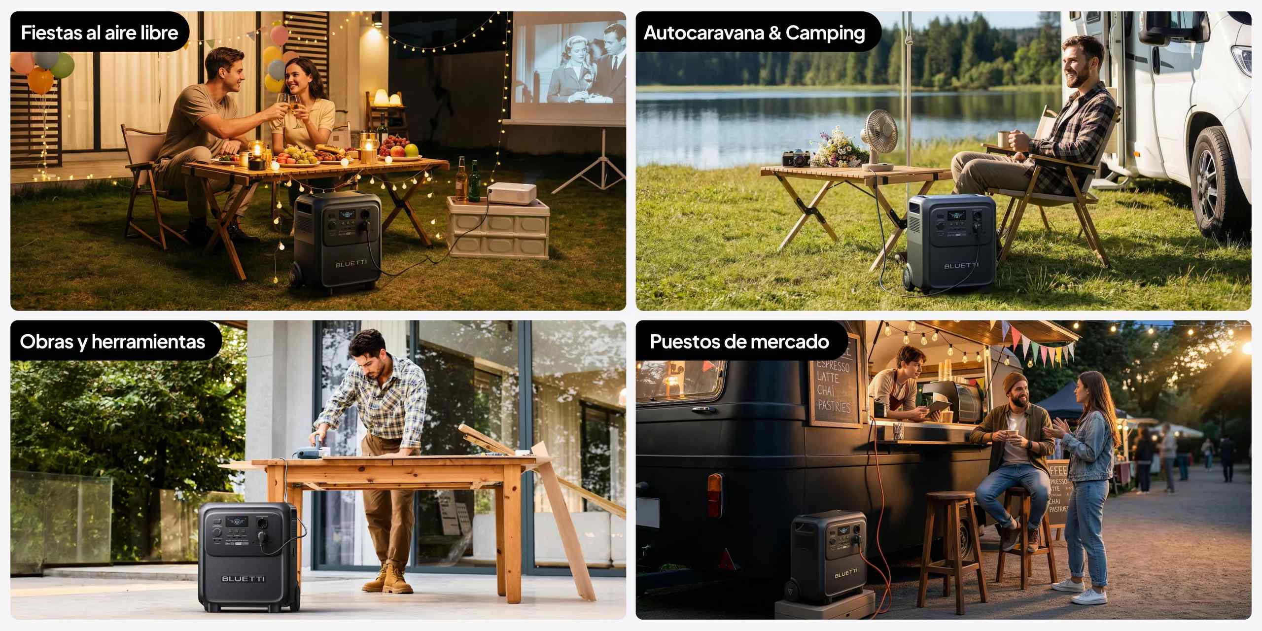 Cenários de utilização da estação de energia portátil BLUETTI Elite 320: festas, autocaravana, obras e bancas de mercado